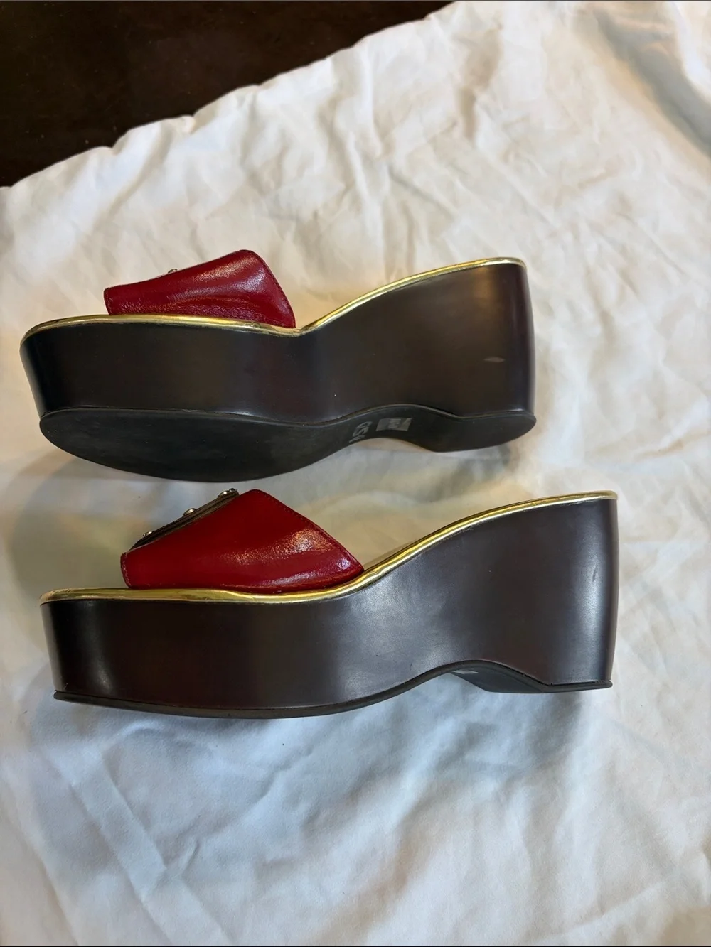 Michael Kors Red Leather Slide Wedges with Gold Footbed
